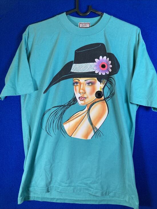 unbranded Other - Vtg 90s Student Machine Graphic Tee Art Deco Lady Floral Hat Teal 100% cotton